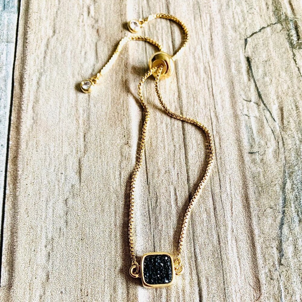 Gold plated druzy quartz crystal stone dainty thin chain adjustable bracelet